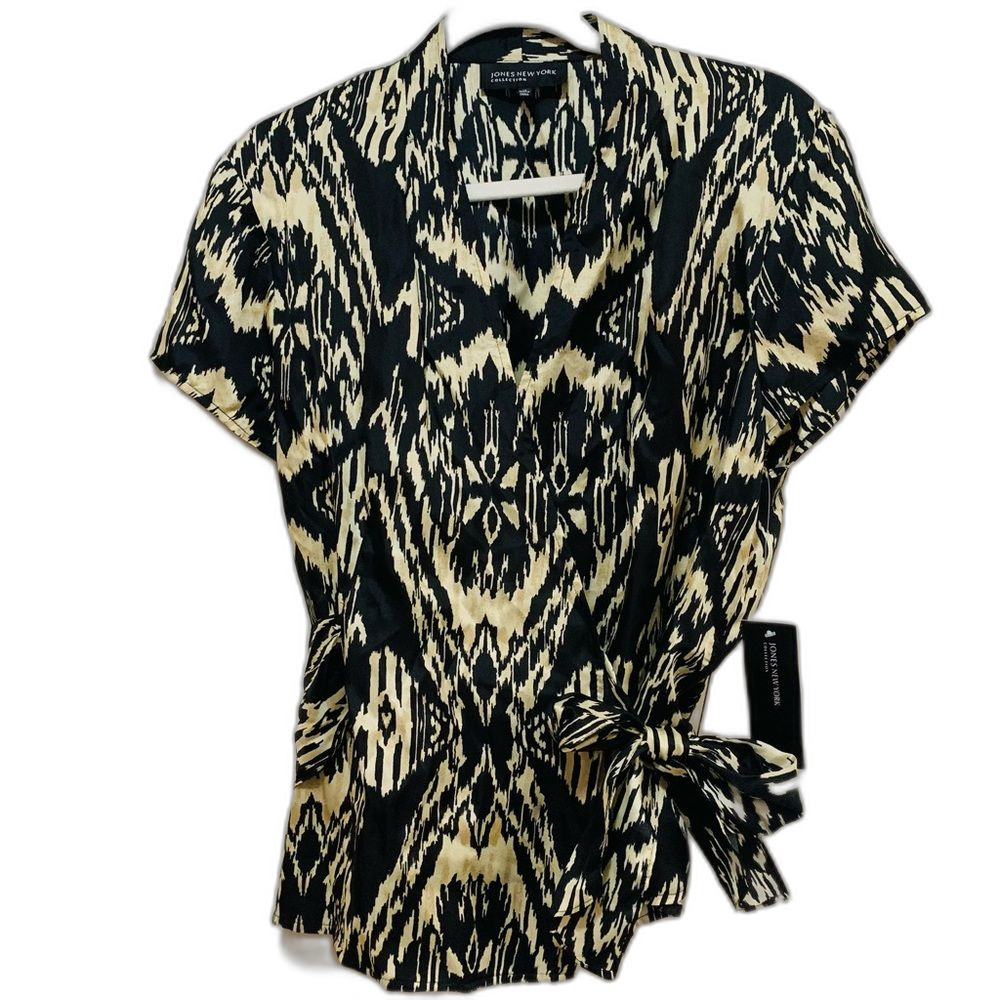 Jones New York Collection Black and Cream Abstract silk wrap  Blouse size 14 nwt